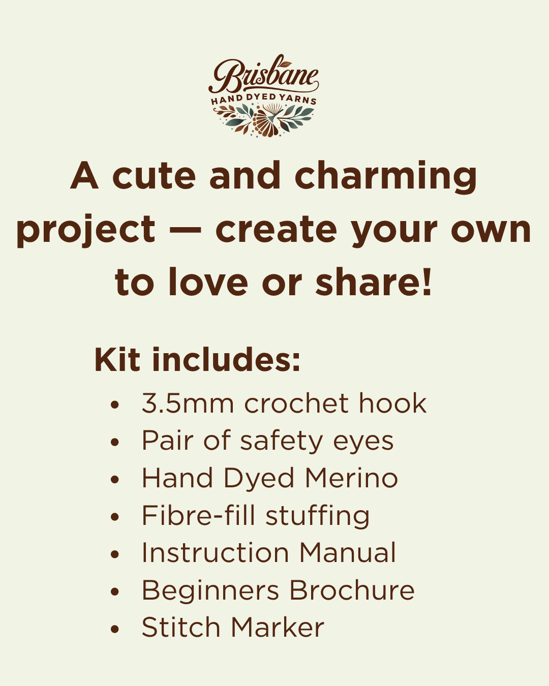Text describing a yarn kit with a list of included items and Brisbane Hand Dyed Yarns logo.