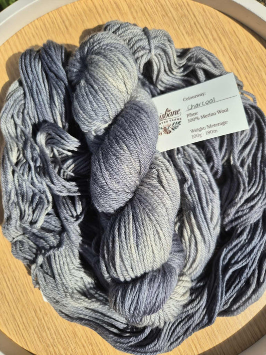 Charcoal – Hand Dyed 100% Merino Yarn (8ply DK, 100g Skein)