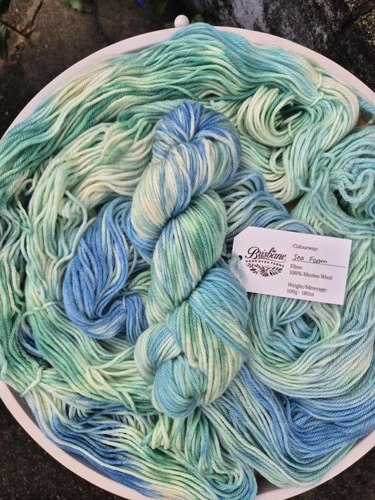 Sea Foam – Hand Dyed 100% Merino Yarn (8ply DK, 100g Skein)